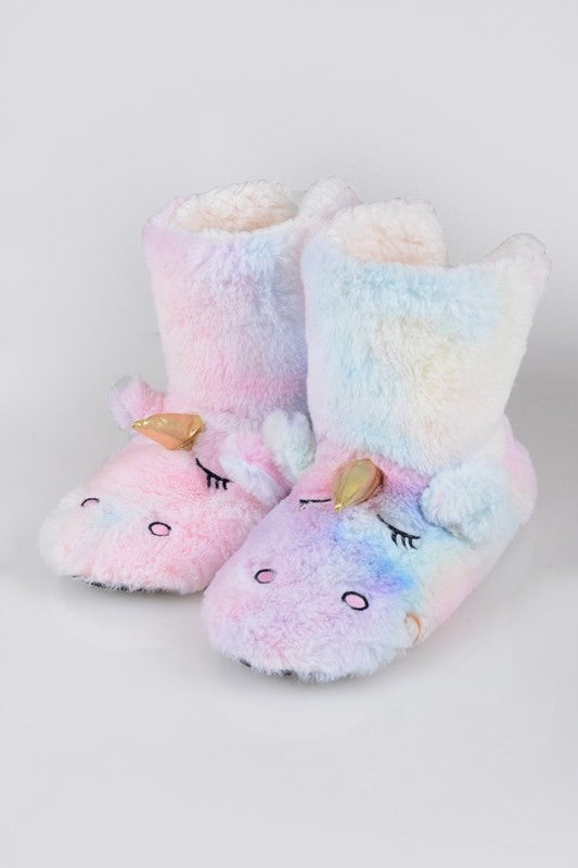 Fuzzy Unicorn Rainbow Dyed Slipper Booties