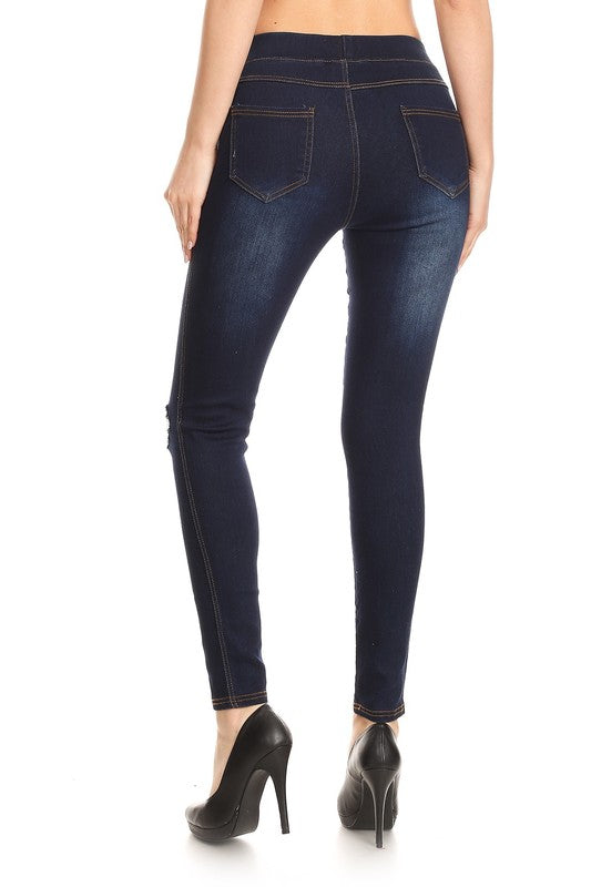 Distressed Denim Ripped Jeggings in Navy - Women's