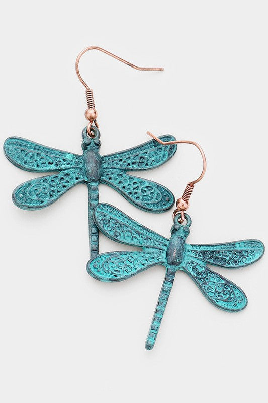 Verdigris Floral Motif Dragonfly Earrings