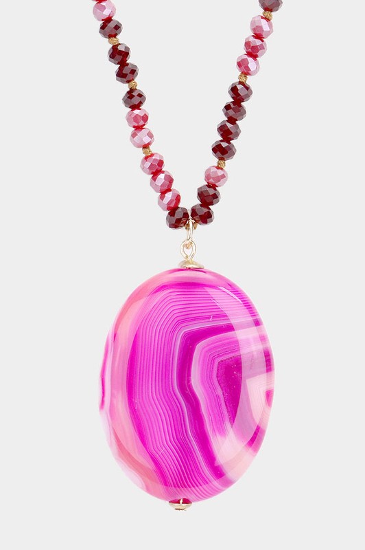 Semi Precious Stone Long Beaded Necklace in Plum