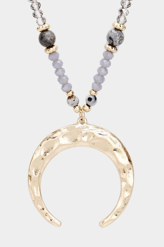 Hammered Metal Horn Beaded Long Necklace