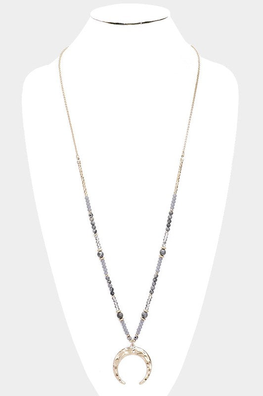 Hammered Metal Horn Beaded Long Necklace