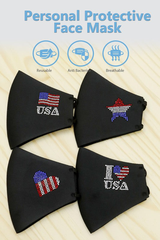 I Love USA Rhinestone Face Mask in Black