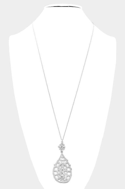 Long Floral Accented Metal Necklace in Silver