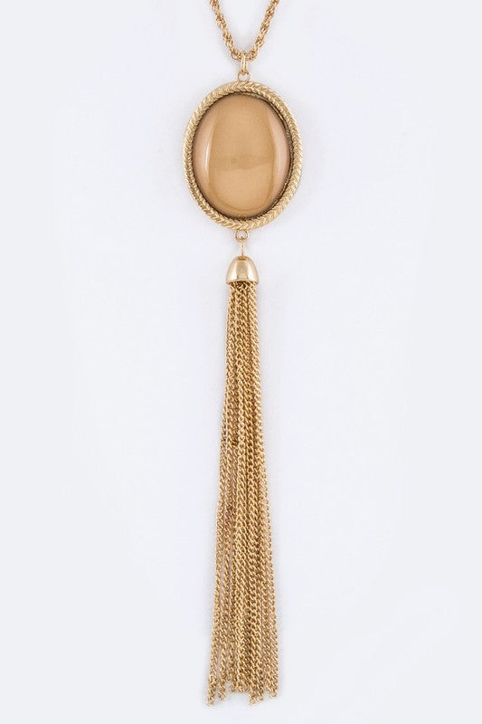 Women's Tassel Necklace with Tan Resin Stone - Apple Girl Boutique