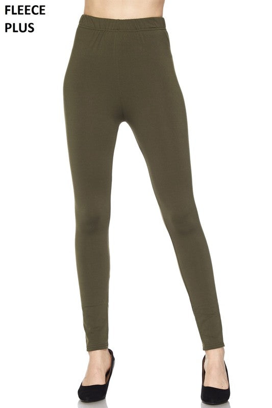 Solid Olive Fleece Lined Leggings - Women's Plus Size