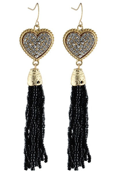 Crystal Heart Tassel Earrings
