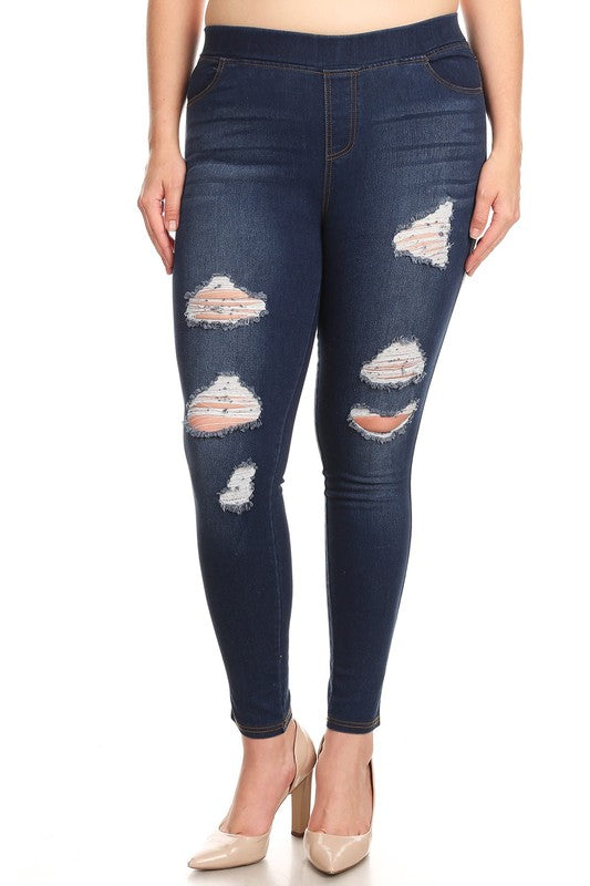 Denim Washed Ripped Jeggings - Women's Plus Size