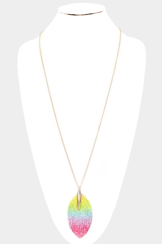 Rainbow Glitter Leaf Genuine Leather Necklace Set