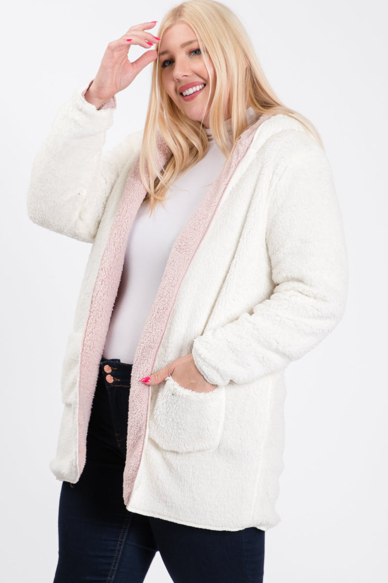 The Stefani - Women's Plus Size Faux Sherpa Hoodie Jacket in Pink/Ivory