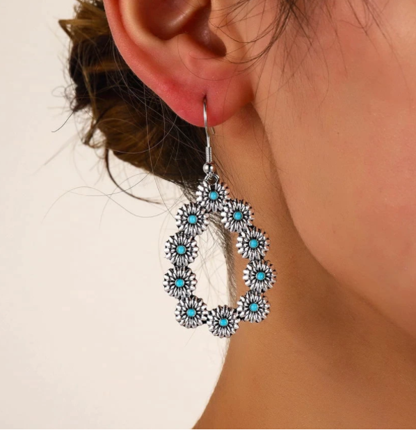 Vintage Silver Floral Teardrop Earring with Turquoise