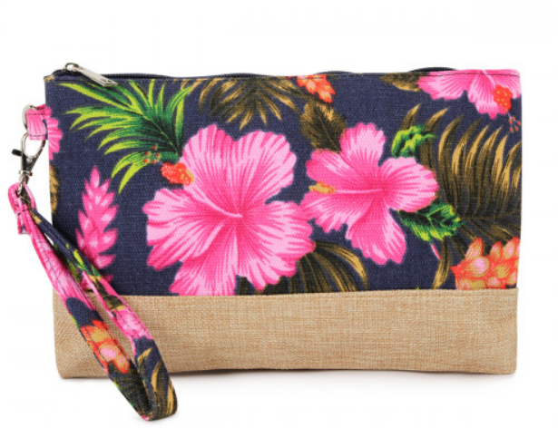 Navy Hibiscus Wristlet Cosmetics Bag