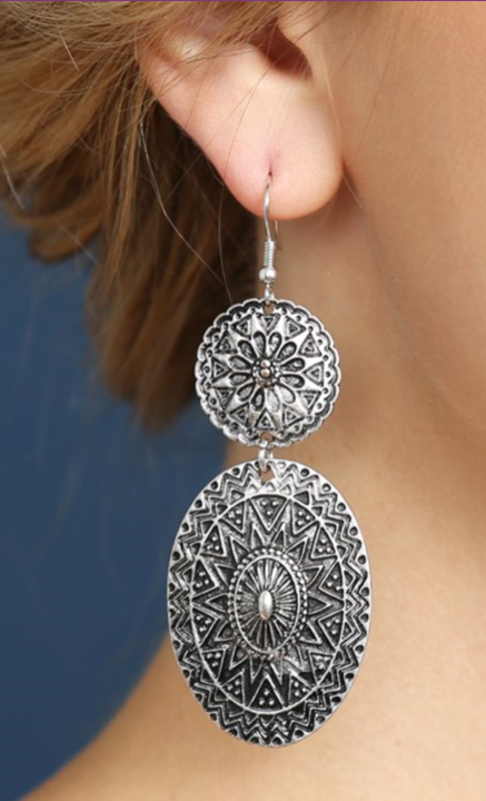 Silver Chevron Mandala Dangle Earrings