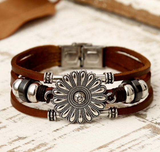 Sunflower & Leather Bracelet