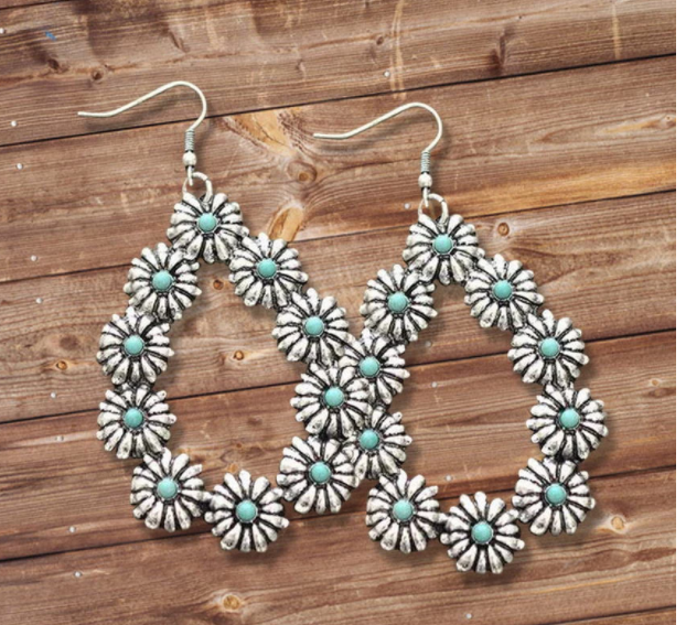 Vintage Silver Floral Teardrop Earring with Turquoise