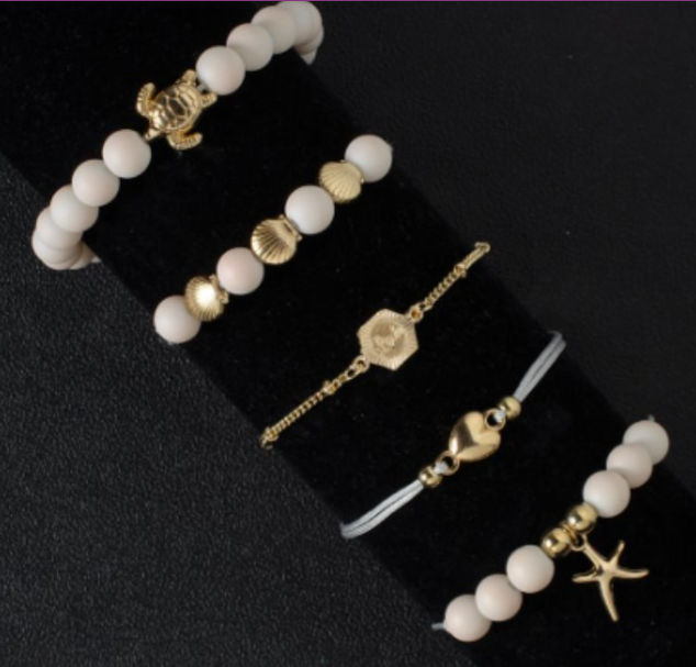 White Beaded Gold Shell Bracelet Set