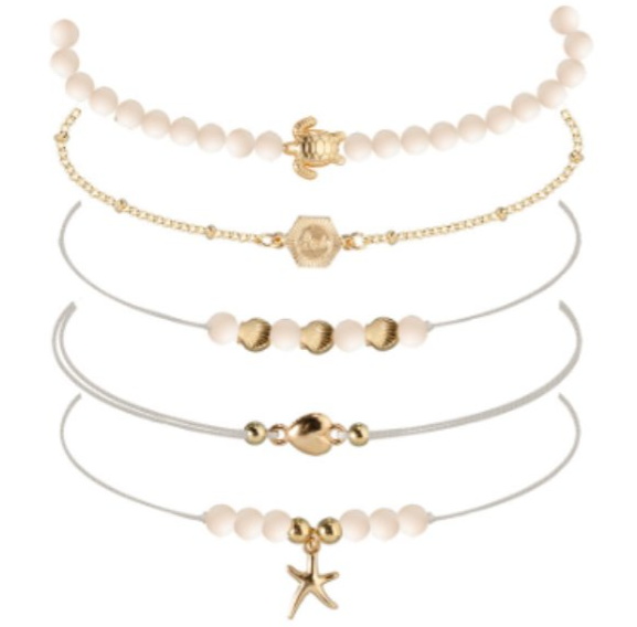 White Beaded Gold Shell Bracelet Set