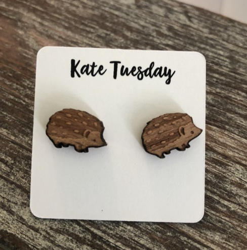 Hedgehog Wooden Stud Engraved Earrings