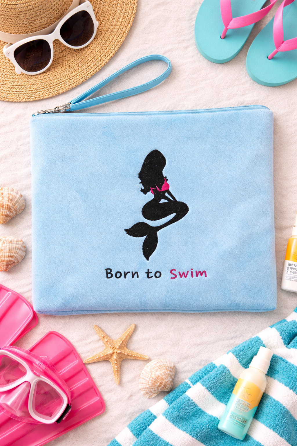 Born to Swim Mermaid Embroidered Wet Suit Pouch