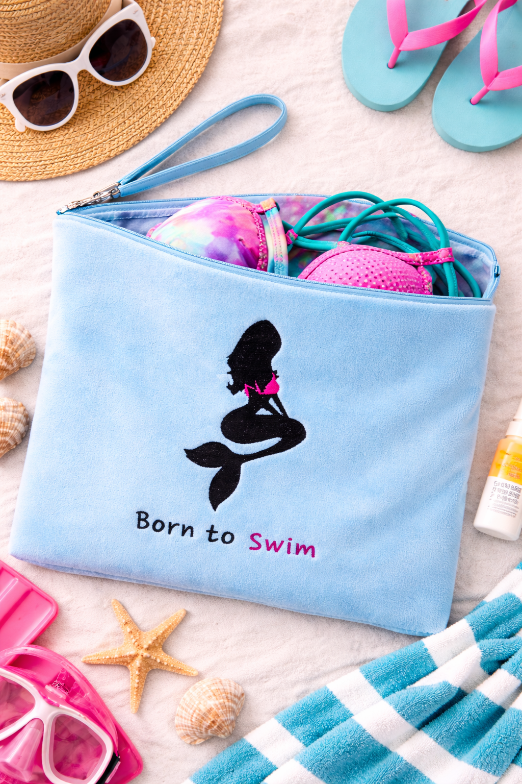 Born to Swim Mermaid Embroidered Wet Suit Pouch