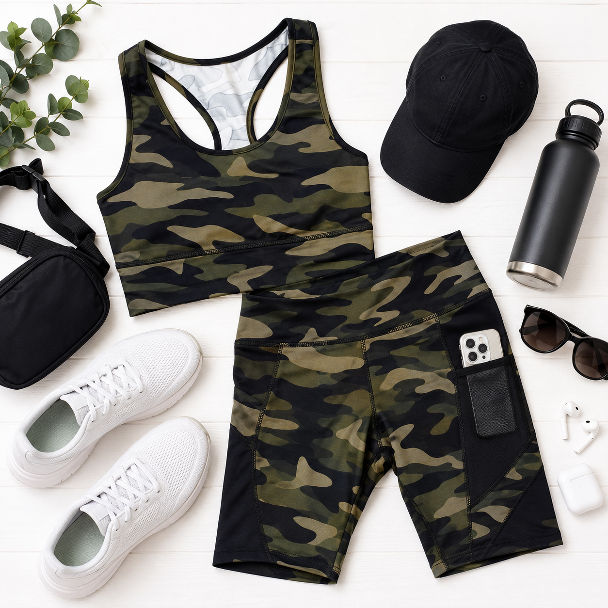 Olive Camo Biker Shorts Activewear Set