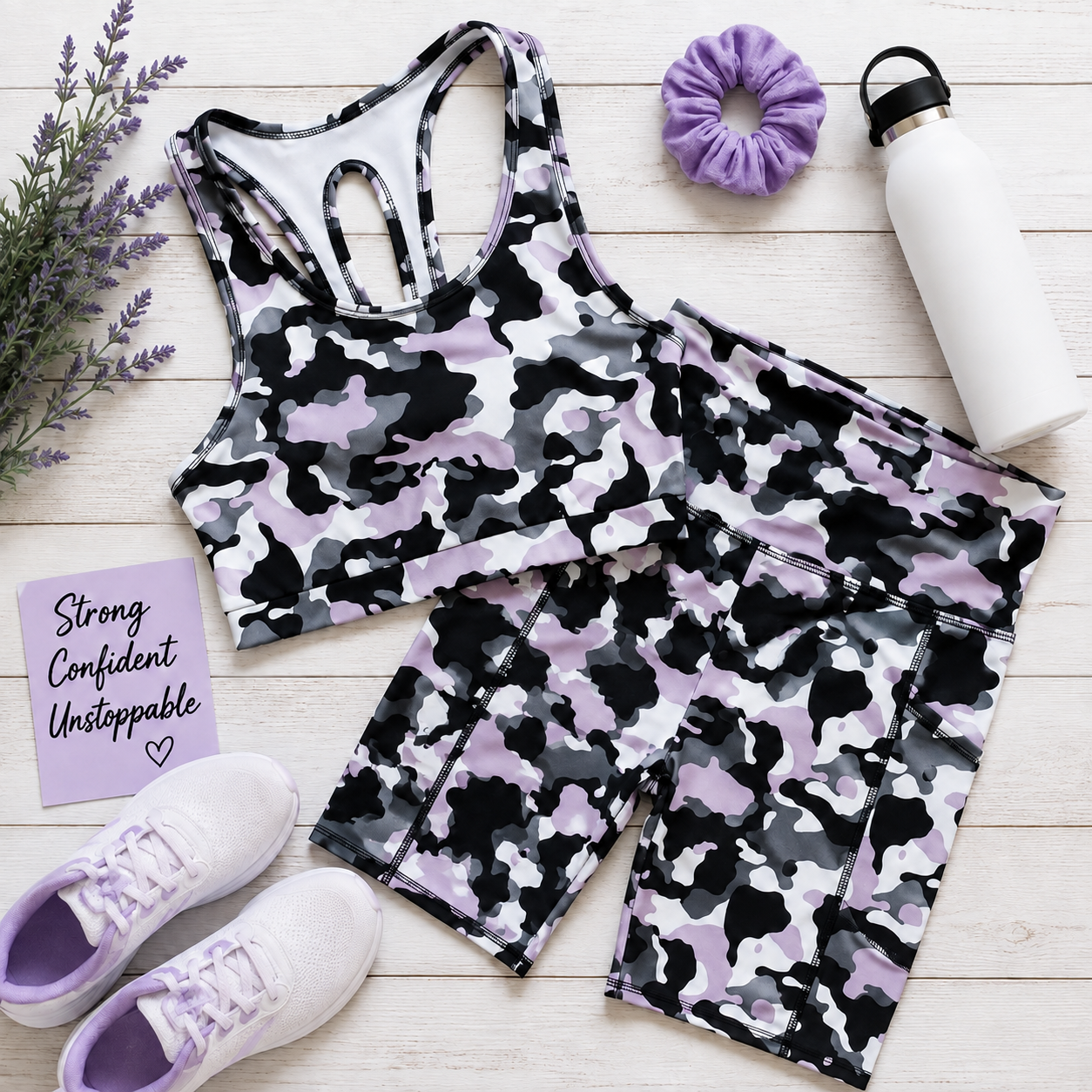 Lavender Camo Biker Shorts Activewear Set