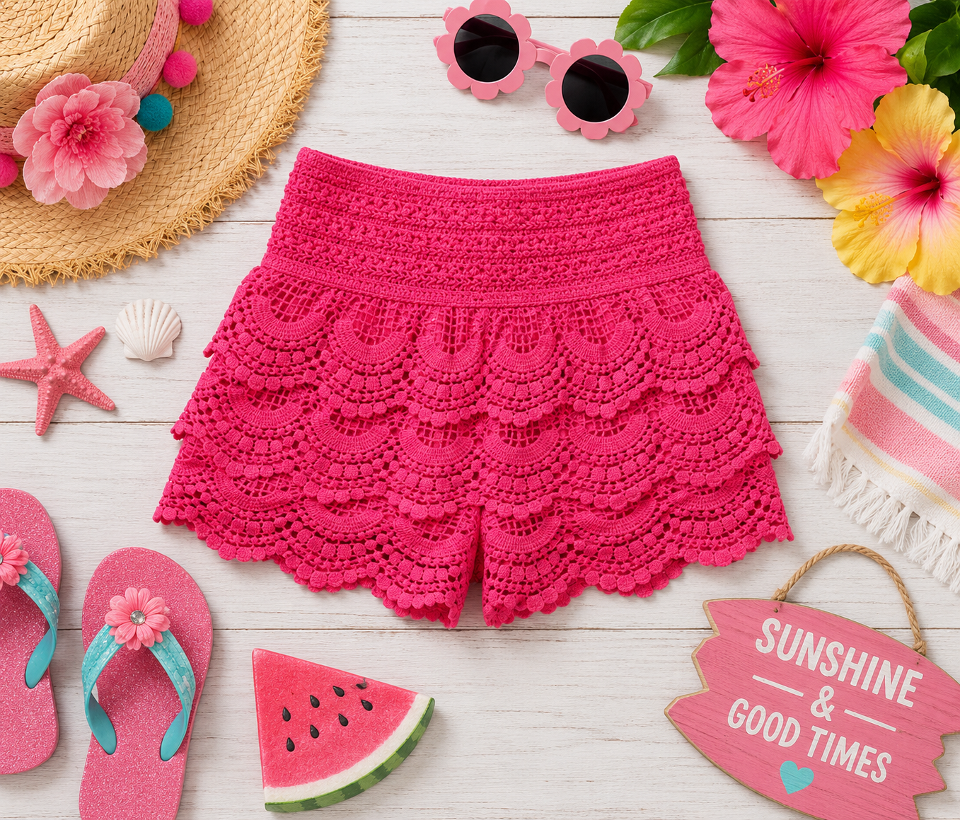 Ruffled Lace Girls Shorts - Fuschia