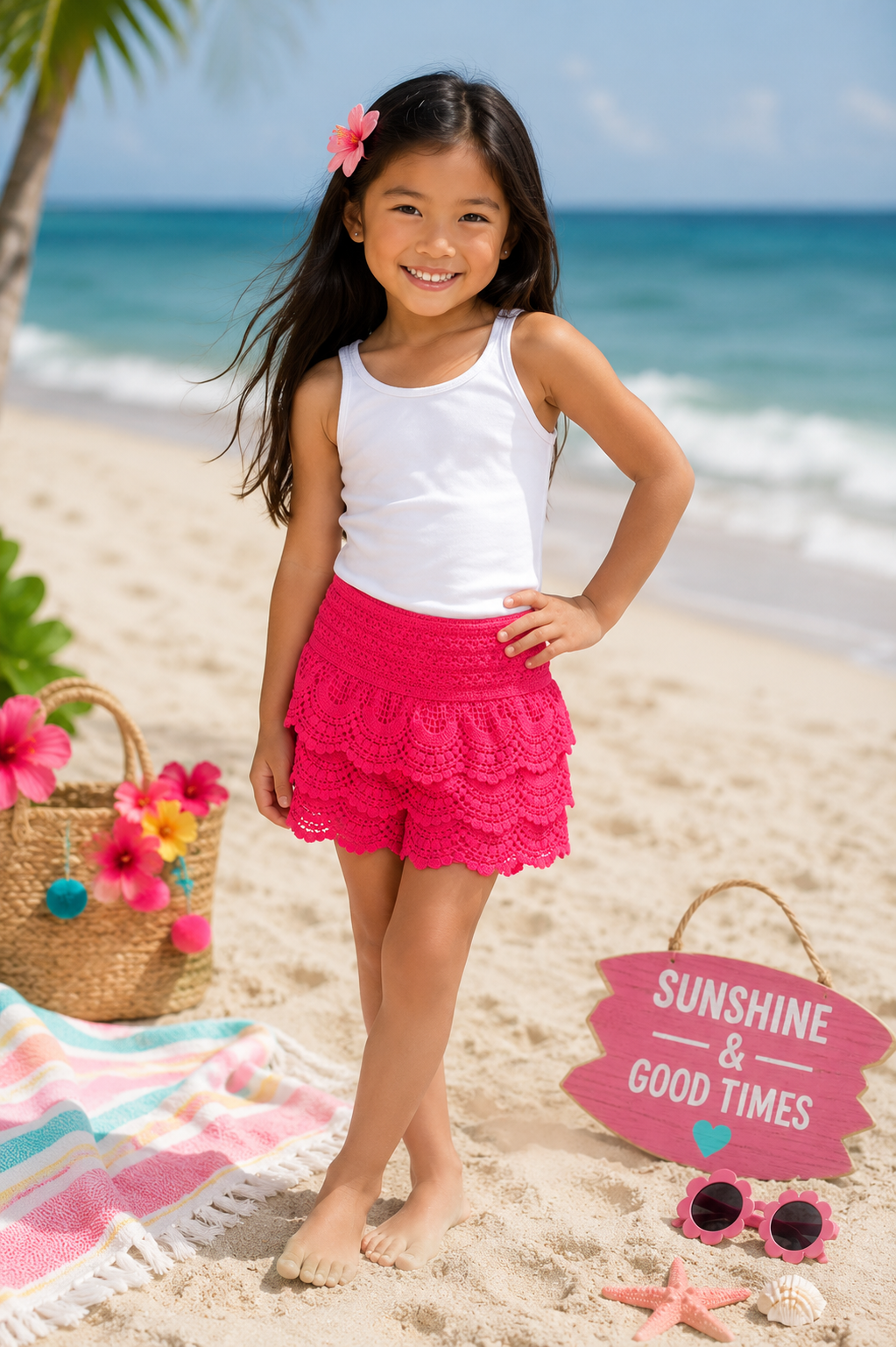 Ruffled Lace Girls Shorts - Fuschia