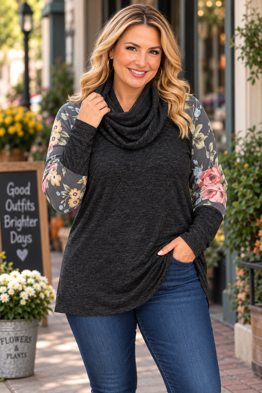 The Amanda - Women's Plus Size Gray & Floral Cowl Neck Top