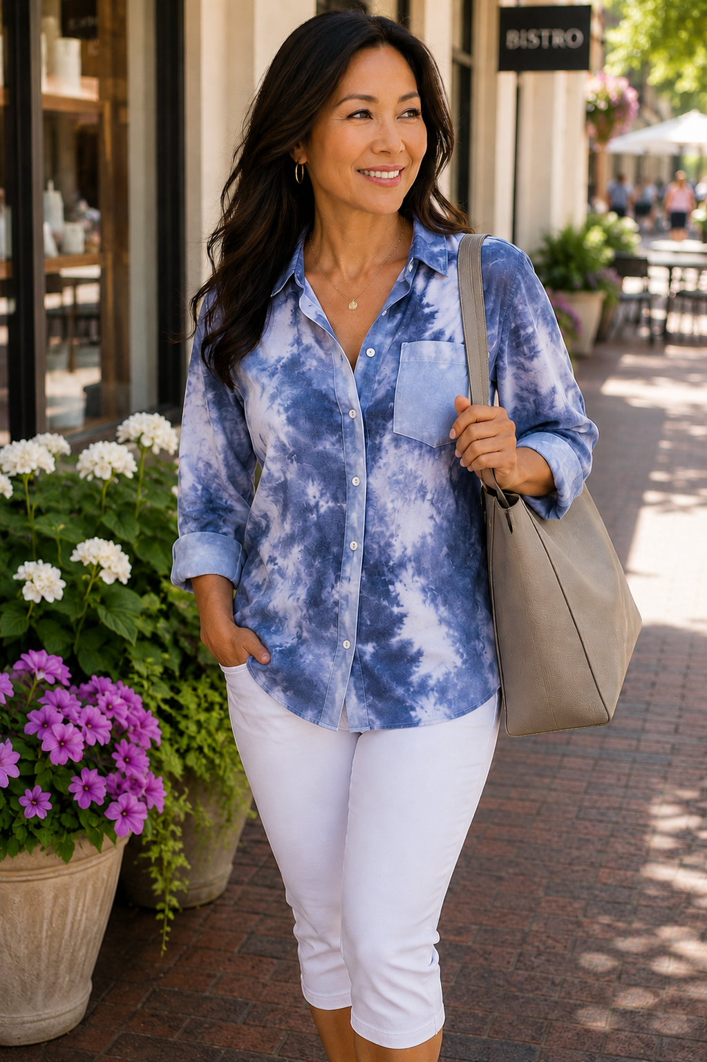 The Jennifer - Women's Button Down Tie Dye Top in Dark Blue
