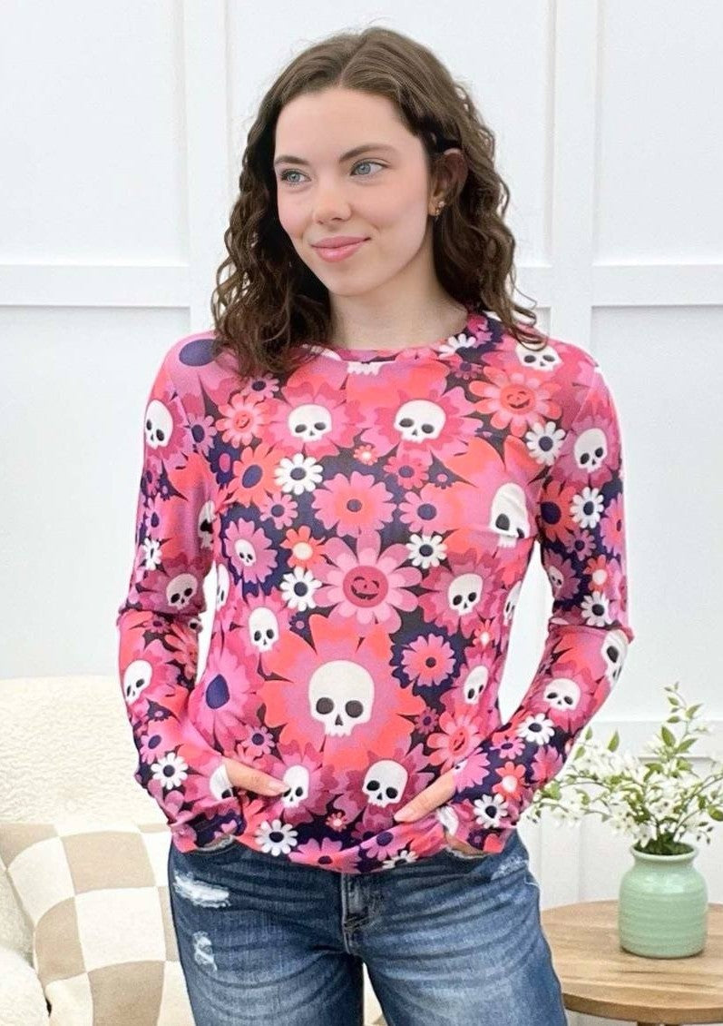 Happy Flowers & Skulls Mesh Women's Top