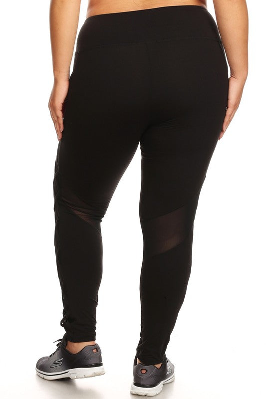Women's Athletic Leggings with Mesh and Cross Cutouts - Plus Size in Black