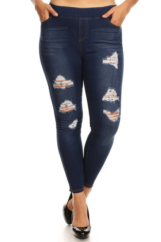 Ripped Denim Jeggings in Dark Blue - Women's Plus Size