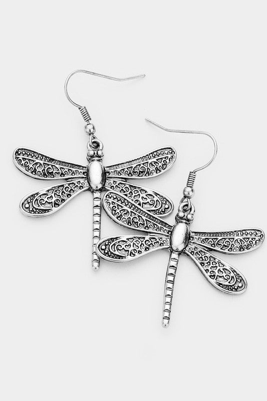 Verdigris Floral Motif Dragonfly Earrings