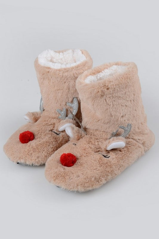 Furry Reindeer Slipper Booties for Women