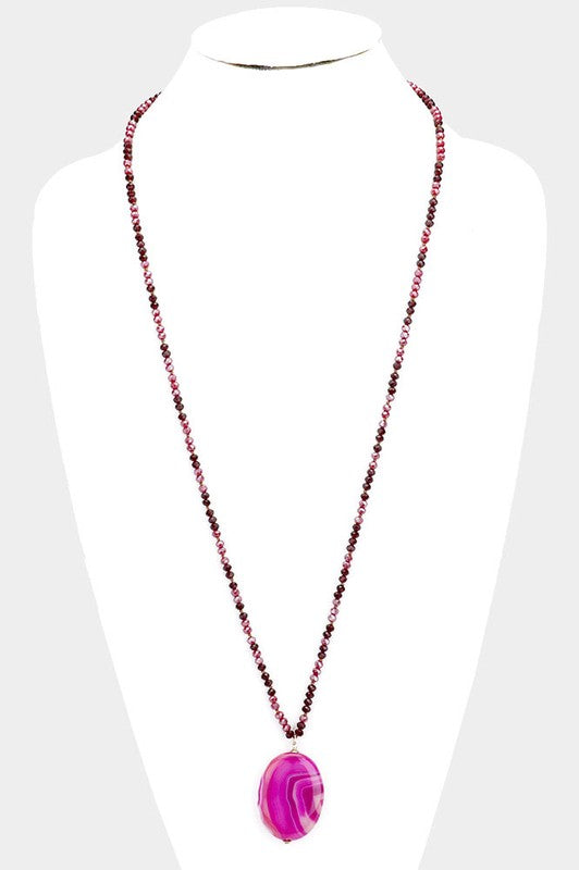 Semi Precious Stone Long Beaded Necklace in Plum