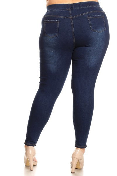 Dark Denim Washed Ripped Jeggings - Women's Plus Size