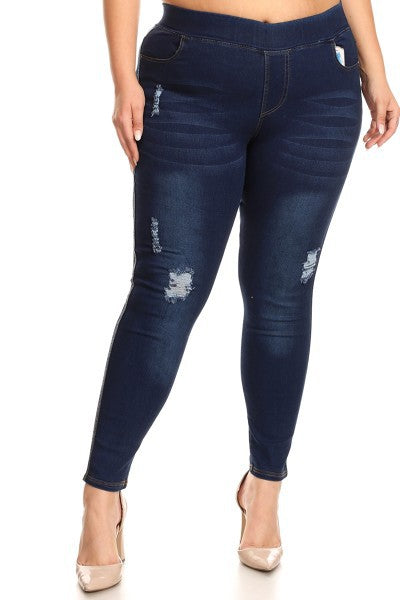 Dark Denim Washed Ripped Jeggings - Women's Plus Size