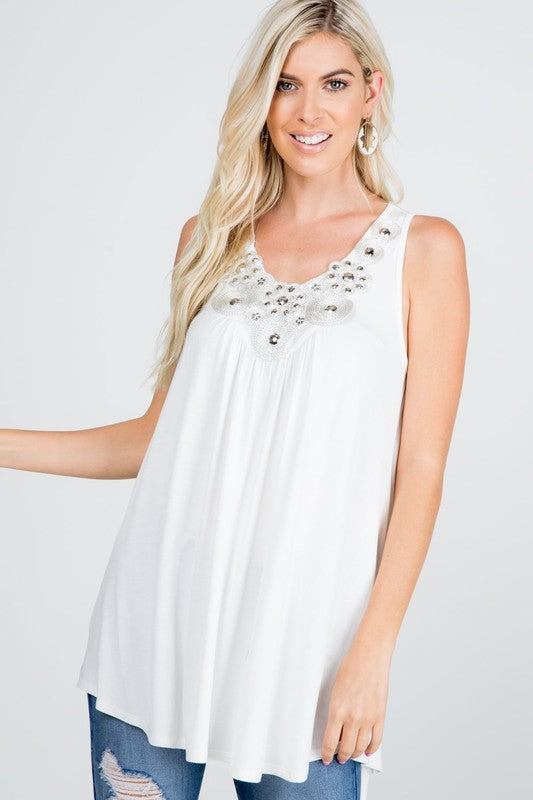 The Cicely - Women's Beaded Tank Top in Ivory