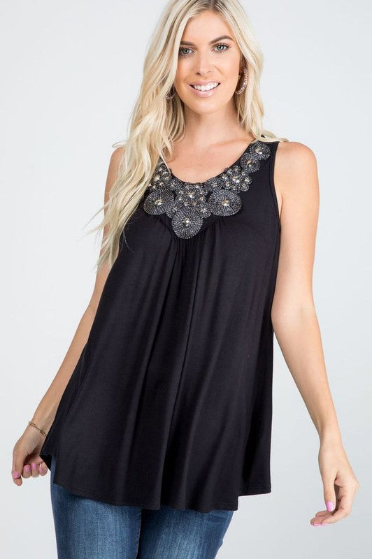 The Cicely - Women's Beaded Tank Top in Black