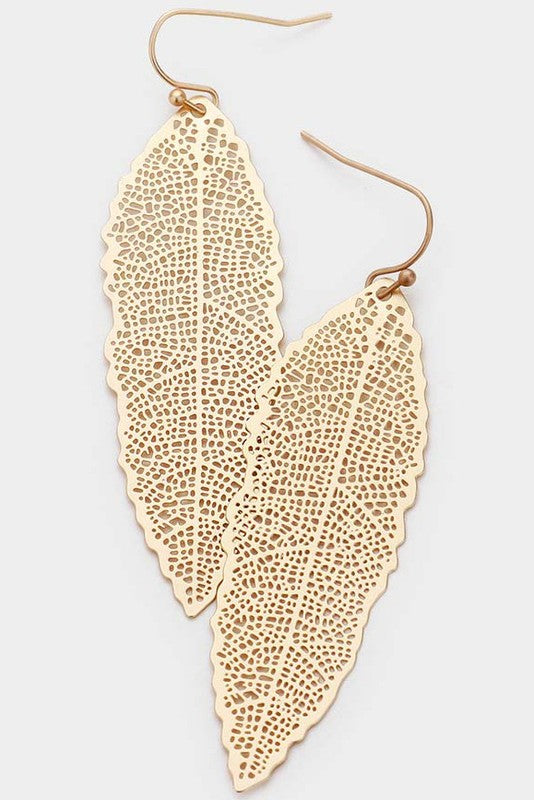 Gold Leaf Filigree Metal Drop Earrings