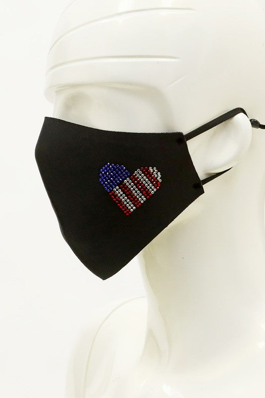 I Love USA Rhinestone Face Mask in Black