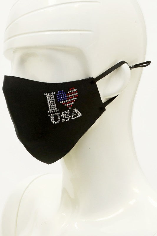 I Love USA Rhinestone Face Mask in Black