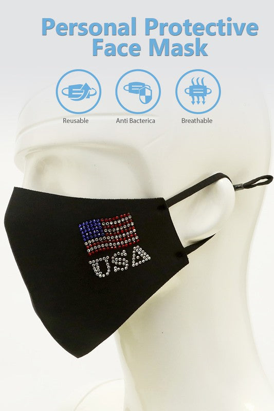 I Love USA Rhinestone Face Mask in Black
