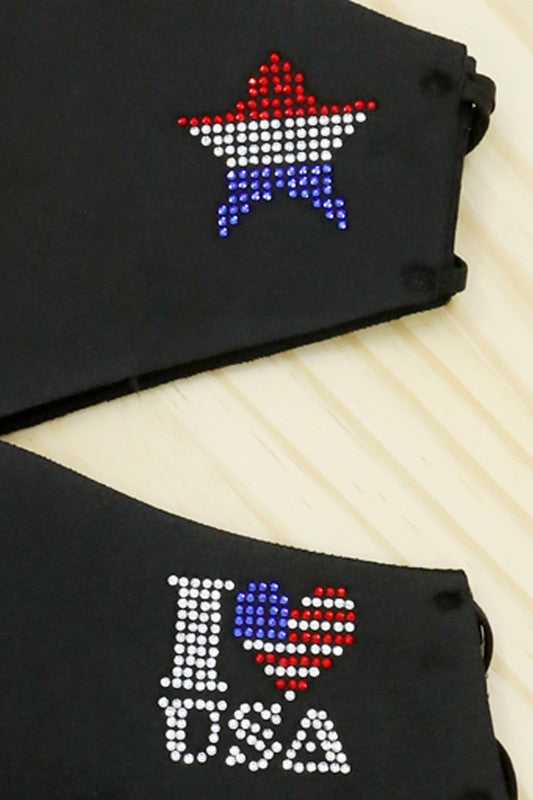 I Love USA Rhinestone Face Mask in Black