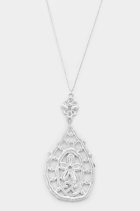 Long Floral Accented Metal Necklace in Silver