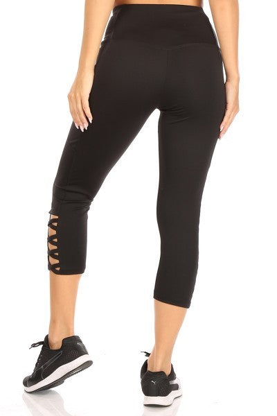 Athletic Capris with Criss Cross Ladder Straps in Black -  Women's