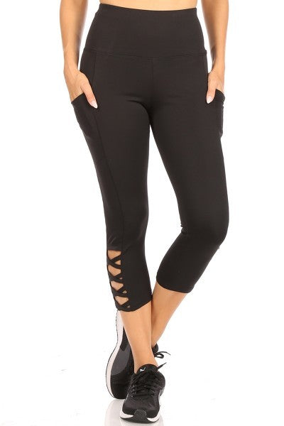 Athletic Capris with Criss Cross Ladder Straps in Black -  Women's