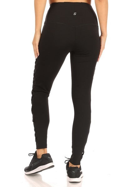 Women's Athletic Leggings with Mesh Criss-Cross Cutouts in Black