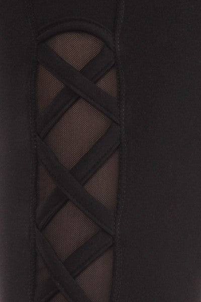 Women's Athletic Leggings with Mesh Criss-Cross Cutouts in Black